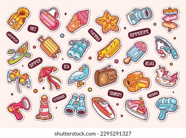 Beach Sticker Icons Hand Drawn Coloring Vector 