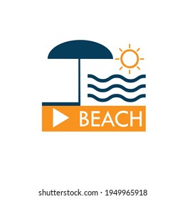Strand. Ein Aufkleber, der die Richtung zum Meer angibt. Logo-Vorlagen mit Sonnenschirmen. Vektorgrafik einzeln auf weißem Hintergrund.