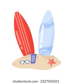 Beach sticker with surfboard concept. Sunglasses, cocktail and starfish in sand on beach. Tropical and exotic countries. Poster or banner. Cartoon flat vector illustration isolated on white background