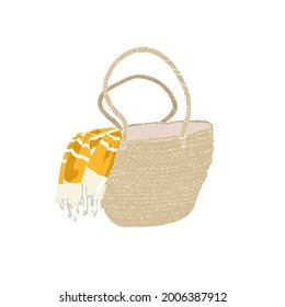Beach Straw Bag With Towel. Rattan Basket Tote Bag With Pestemal. Set Of Abstract Feminine Vector Illustrations. Summer Trendy Simple Icons. For Instagram Post, Business Advertisement, Flyer Design