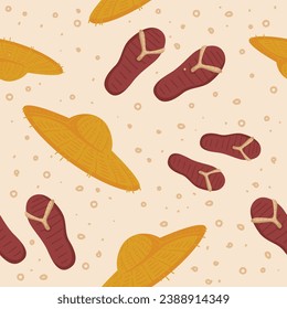 Beach with straw hat and flip flops of traveler. Vacation and rest in tropical country. Seasonal summer rest and relaxation. Seamless pattern print, background or wallpaper. Vector in flat style