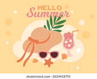 Beach straw hat poster. Summer time, sea vacations, sunglasses, cocktail and panama on sand with seashells, relax on beach. Fashion headwear cartoon flat isolated garish vector concept