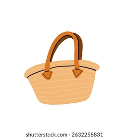 Beach striped bag with red handles. Straw woven accessory for travel, picnic or shopping. Beige summer handbag. Vector flat illustration isolated on white background
