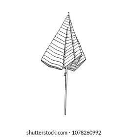 Beach striped closed umbrella, hand drawn doodle, sketch in pop art style, black and white vector illustration