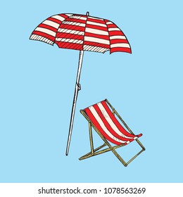 Beach striped open red umbrella and deck chair, beach furniture set, hand drawn doodle, sketch in pop art style, color vector illustration