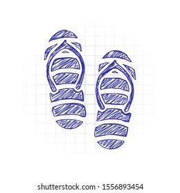 Beach striped slippers. Flip flops icon. Hand drawn sketched picture with scribble fill. Blue ink. Doodle on white background