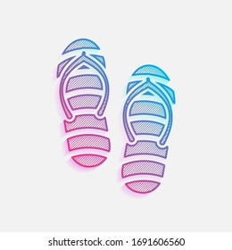 Beach striped slippers. Flip flops icon. Colored logo with diagonal lines and blue-red gradient. Neon graphic, light effect