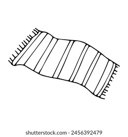 Beach striped sunbathing mat at the sea, by the pool. Rug for picnic and comfortable outdoor recreation. Monochrome black line vector elements isolated on white background.Hand drawn sketch.