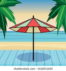beach striped umbrella open cartoon on beach scenery background vector illustration graphic design