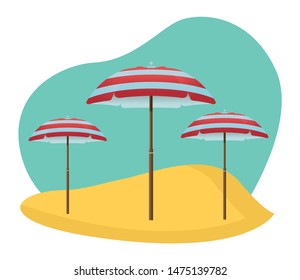 Beach striped umbrellas open in sand in the beach scenery background ,vector illustration graphic design.