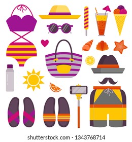 Beach stuff and accessories icon set. Summer holidays sea recreation sunbathing elements with bathing suit, flip flops, shorts, beach bag, hat, selfie stick, cocktail, ice-cream, shells and starfish.