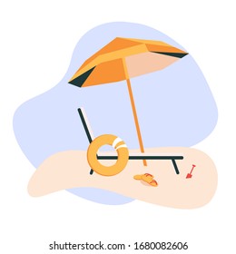 beach stuff. beach chaise longue , sun umbrella, flip- flops, swimming circle. sunny day on the beach. holiday, vacation, travel concept in flat style