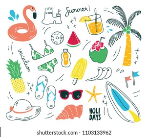 Beach stuff in doodle style vector illustration