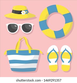 Beach Stuff Illustration Vector in Flat Style Isolated on Pink Background - Hat, Sunglasses, Buoy, Handbag, Flip-Flop
