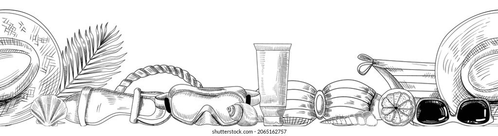 Beach Stuff and Items Doodle Straw Hat, Sandals, Palm Leaf and Seashell with Snorkeling Mask. Cream Tube, Bikini Bra and Panties, Lemon Slice and Sunglasses. Monochrome Vector Line Art Illustration