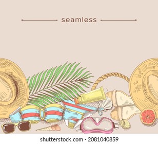 Beach Stuff and Items Doodle Straw Hat, Sandals, Palm Leaf and Seashell with Snorkeling Mask. Cream Tube, Bikini Bra and Panties, Grapefruit Slice and Sunglasses. Colorful Vector Line Art Illustration