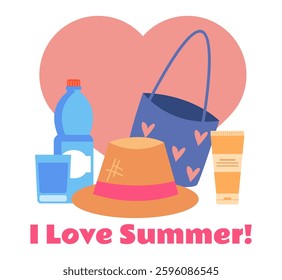 Beach stuff laying on beach. I love summer concept. Vector graphic simple doodle line art outline design illustration