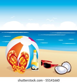 Beach Stuff On Sand. Vector Illustration.