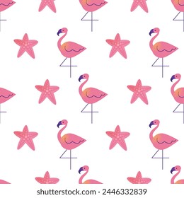 Beach stuff for seamless pattern summer travel. Vacation accessories for sea holidays. Sand castle, flamingo, bikini. Flat vector in modern style illustrations isolated on background