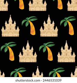 Beach stuff for seamless pattern summer travel. Vacation accessories for sea holidays. Sand castle, flamingo, bikini. Flat vector in modern style illustrations isolated on background