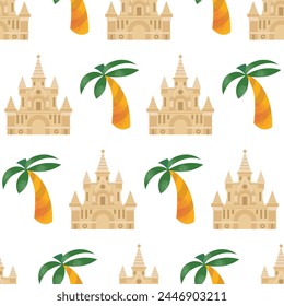 Beach stuff for seamless pattern summer travel. Vacation accessories for sea holidays. Sand castle, flamingo, bikini. Flat vector in modern style illustrations isolated on background