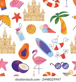 Beach stuff for seamless pattern summer travel. Vacation accessories for sea holidays. Sand castle, flamingo, bikini. Flat vector in modern style illustrations isolated on background