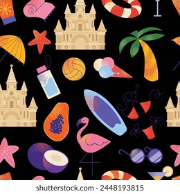 Beach stuff for seamless pattern summer travel. Vacation accessories for sea holidays. Sand castle, flamingo, bikini. Flat vector in modern style illustrations isolated on background