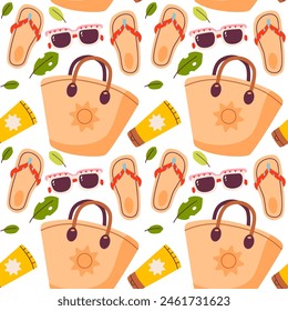 Beach stuff for summer travel seamless pattern. Vacation accessories for sea holidays