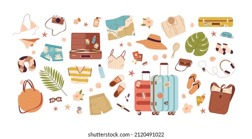 Beach stuff for summer travel set. Vacation accessories for sea holidays. Female items. Tourists objects bundle, suitcases, bags, bikini, map. Flat vector illustrations isolated on white background - Shutterstock ID 2120491022