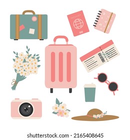 Material de playa para viajes de verano. Accesorios de vacaciones para vacaciones en el mar. Artículos femeninos. Ilustraciones vectoriales planas aisladas en fondo blanco