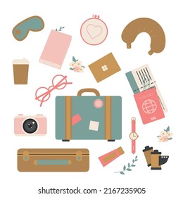 Beach stuff for summer travel set. Vacation accessories for sea holidays. Female items. Flat vector illustrations isolated on white background