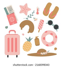 Beach stuff for summer travel set. Vacation accessories for sea holidays. Female items. Flat vector illustrations isolated on white background