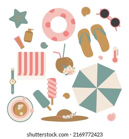 Material de playa para viajes de verano. Accesorios de vacaciones para vacaciones en el mar. Artículos femeninos. Ilustraciones vectoriales planas aisladas en fondo blanco