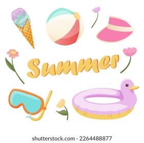 Beach stuff for summer travel set. Sea holidays accessories. Rubber ring, glasses, ball, visor hat, ice cream.
