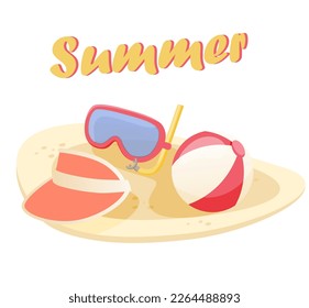 Beach stuff for summer travel set. Vacation accessories for sea holidays. Visor hat, glasses, ball.