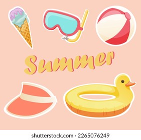 Beach stuff for summer travel set. Sea holidays accessories. Rubber ring, glasses, ball, visor hat, ice cream.