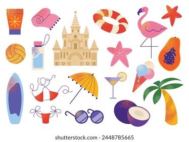 Beach stuff for summer travel set. Vacation accessories for sea holidays. Tourists objects bundle, sand castle, flamingo, bikini. Flat vector in modern style illustrations isolated on white background