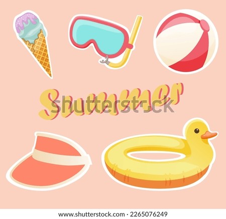 Beach stuff for summer travel set. Sea holidays accessories. Rubber ring, glasses, ball, visor hat, ice cream.