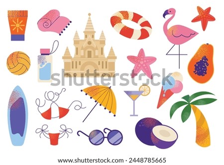 Beach stuff for summer travel set. Vacation accessories for sea holidays. Tourists objects bundle, sand castle, flamingo, bikini. Flat vector in modern style illustrations isolated on white background