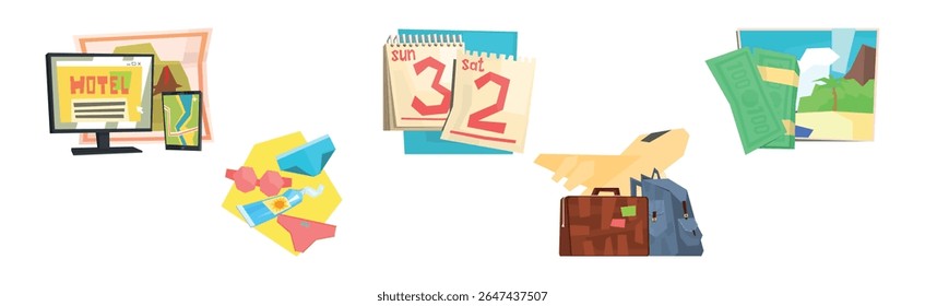 Beach Stuff for Summer Travel and Vacation Accessories Vector Set