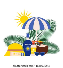 Beach stuff, sun cream spf 10, 15, 30, hat, palm tree leaf, coconut water, sunglasses, umbrella, isolated on white, flat vector illustration. Relax on sandy beach, sand shore, vacation.