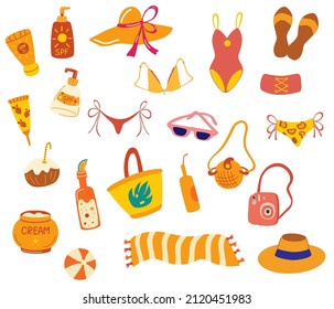 Beach stuff. Swimwear, flip Flops, ball, bags, drinks, cream and towel. Sun protection cream. Summer time. Tourism and travel objects. Vector illustration for  prints, posters, flyers and invitations