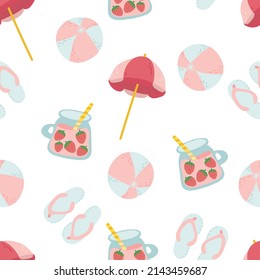 beach stuff, beach things seamless pattern: umbrella, inflatable ball, spanking. Summer marine background.  Travel, vacation, relax concept