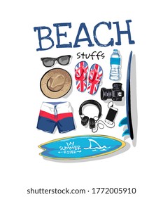 beach stuffs slogan with summer items collection