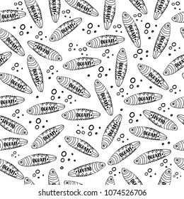 Beach style card. Seamless pattern with elements surfboard . Ink illustration. Summer pattern for wrapping paper.   Isolated on white background