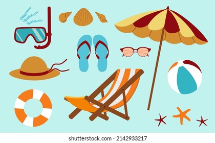 Beach Subjects Summer Set Vector Illustration In Flat Style