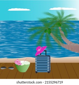 the beach with a suitcase, travel concept, vector illustration