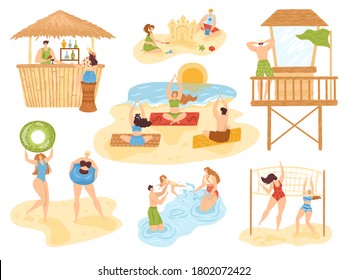 Beach summer activities set of isolated vector illustration, people on sea, fun and active sport, vacation beach collection. Yoga, beach bar, swimming family, children with sand activity and relaxing.