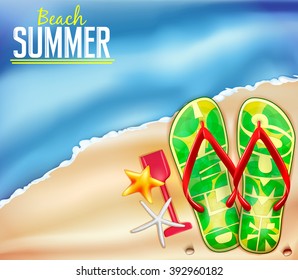 Beach Summer Background for Adventures with Space for Text and Flip Flops Vector Illustration
