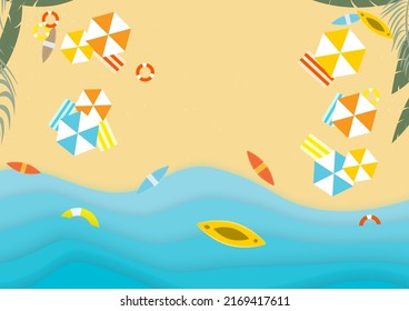 beach summer background. summer concept. beach, sea, surboard, kayak, umbella, swim ring.